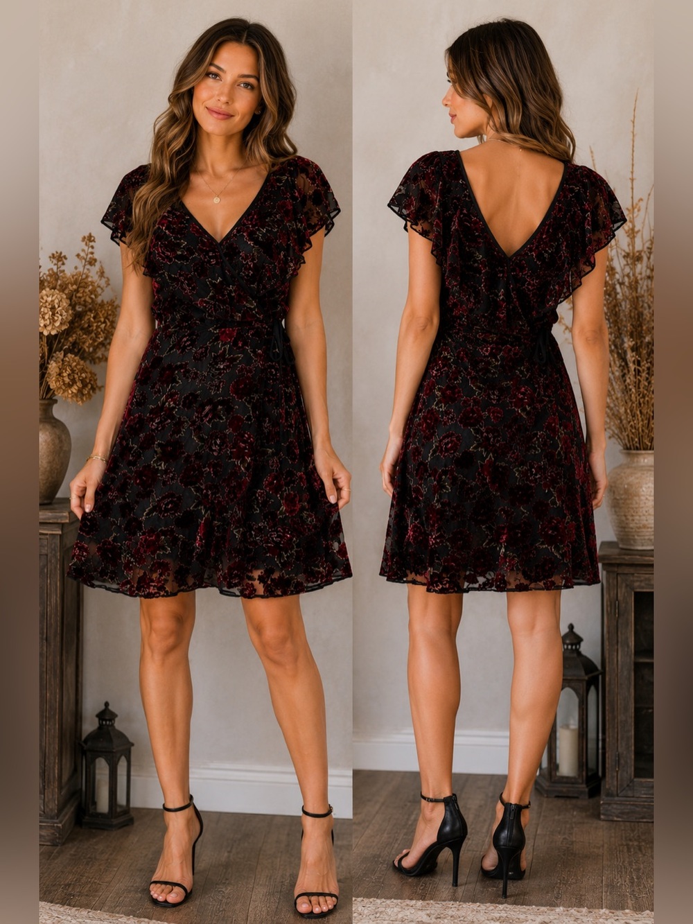 Band of Gypsies Velvet Burnout Floral Wrap Dress M Boho Romantic